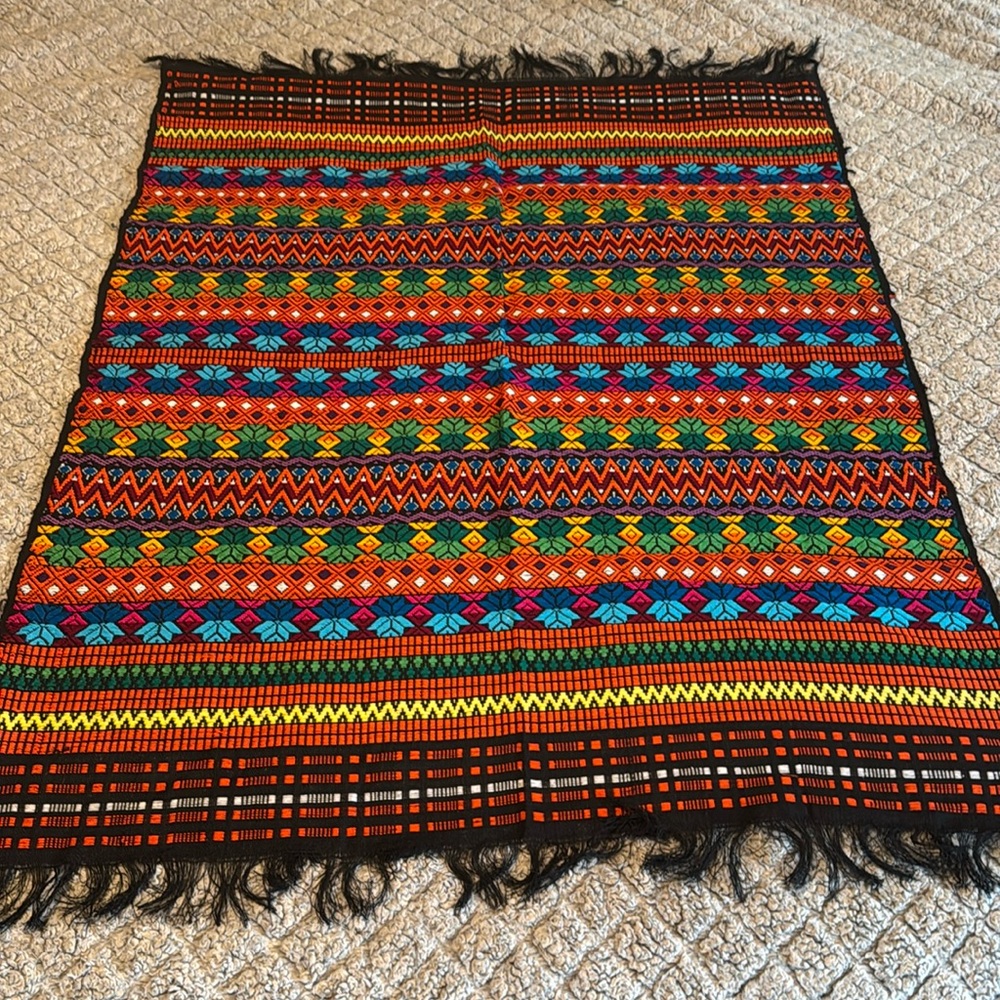 Woven Mexican Mayan fringed textile wall hanging or table center piece or throw